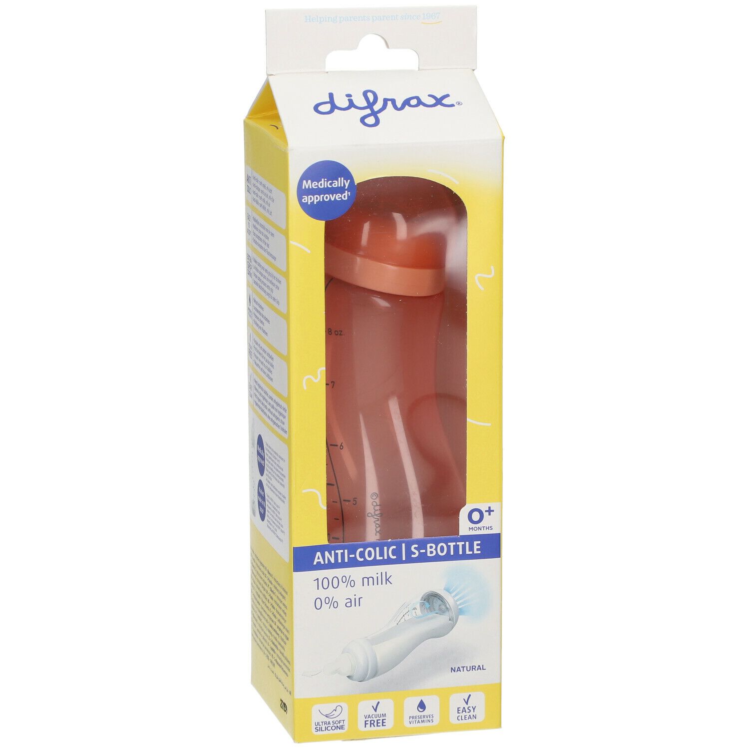 Biberon dans son emballage. Biberon orange avec couvercle, dans un emballage jaune et blanc. "Anti-Colic" et "0+" sur l'emballage.