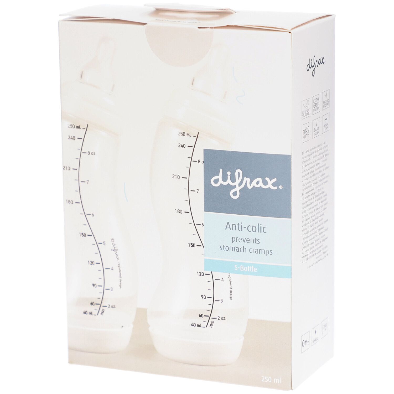 Emballage avec deux biberons. Inscription : difrax. Anti-colic. Biberons avec échelle de mesure. Emballage blanc.