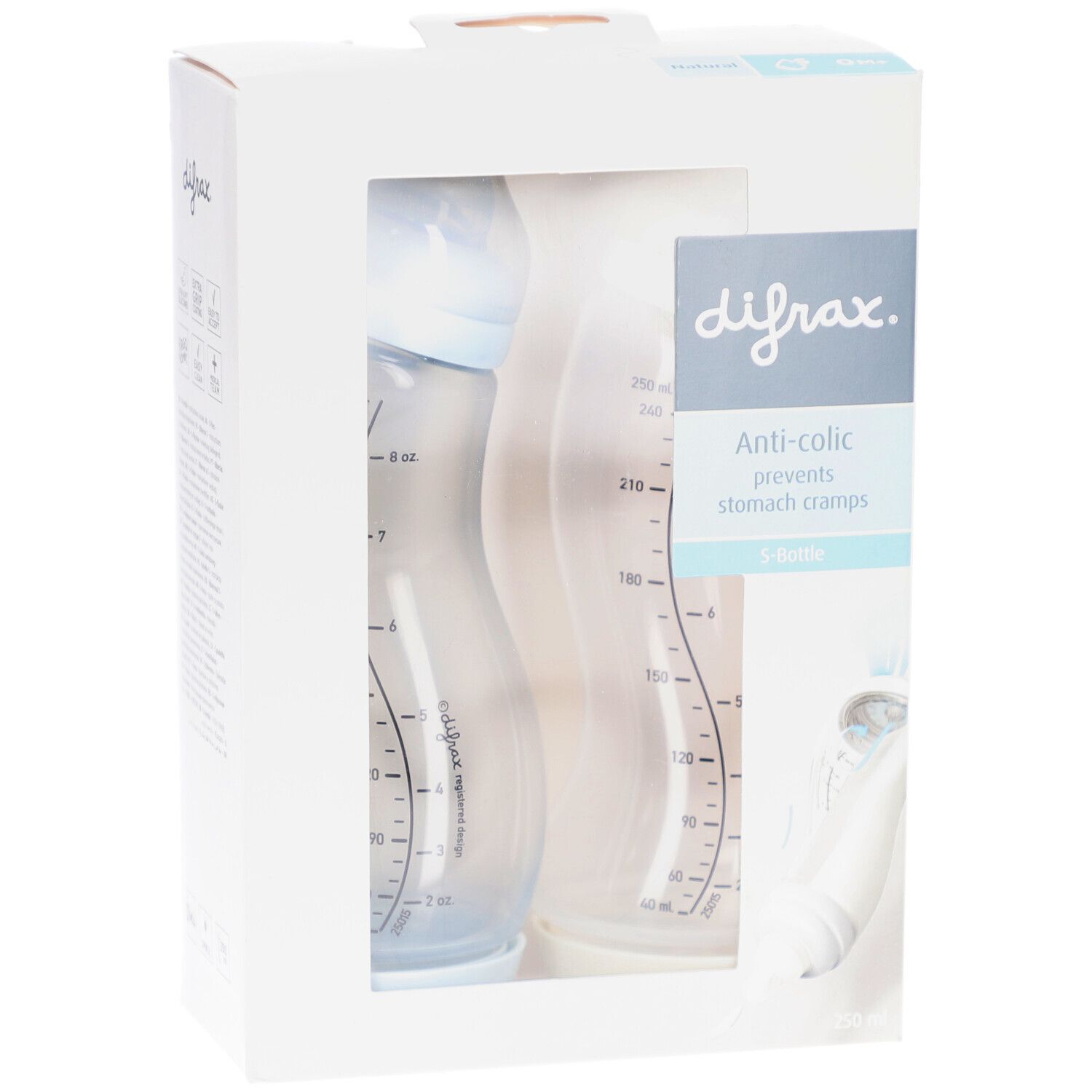 Emballage avec deux biberons. Biberons bleus et transparents avec échelle de mesure. Inscription : difrax. Anti-colic.