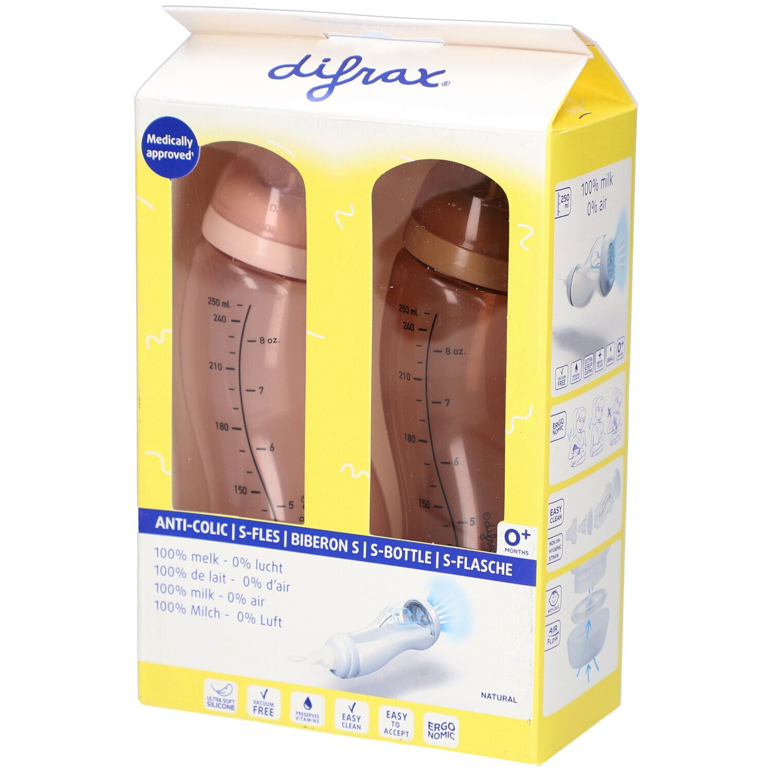 Emballage de deux biberons Difrax S-Fles, anti-colique. Biberons roses et bruns, gradués. Marque Difrax visible.