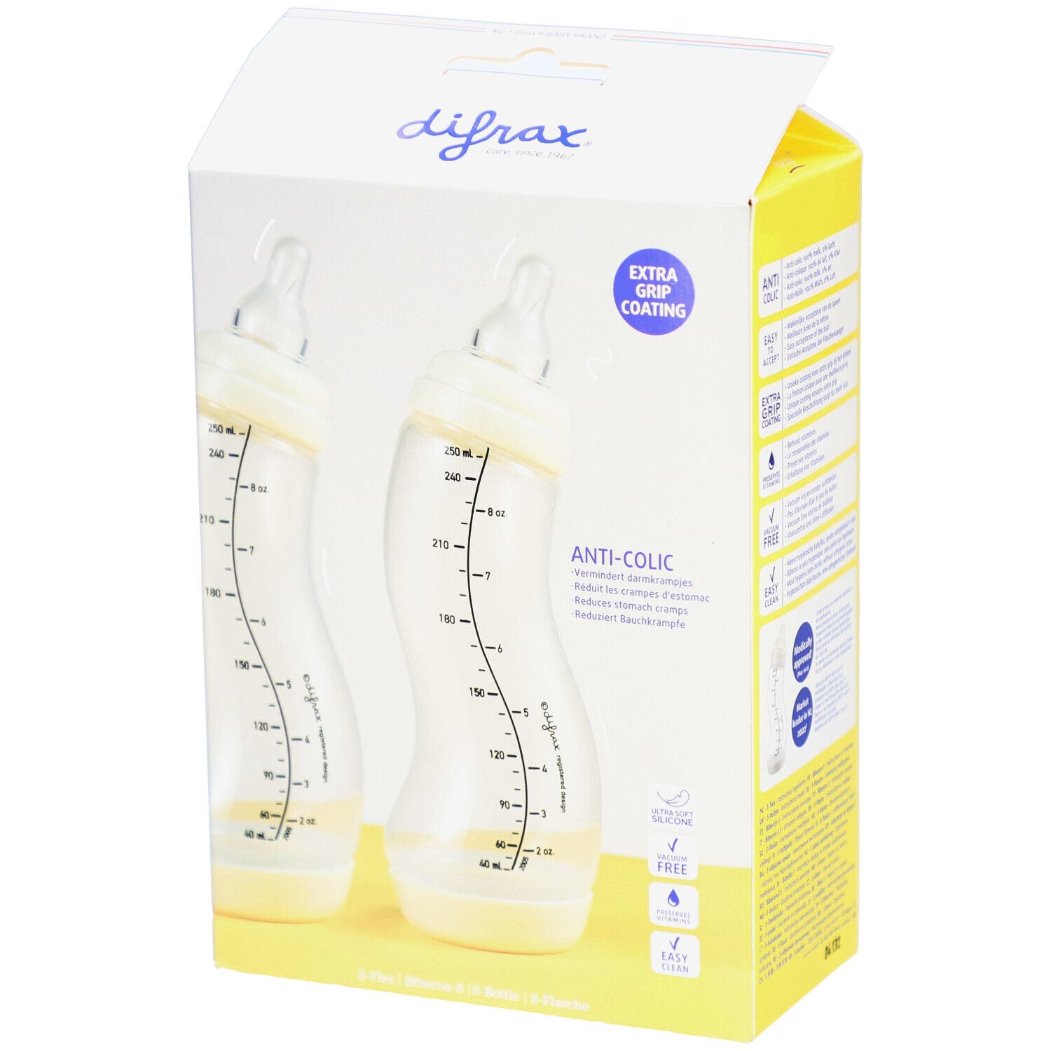 Emballage de deux biberons Difrax S-Fles, anti-colique. Biberons gradués. Emballage jaune. Marque Difrax visible.