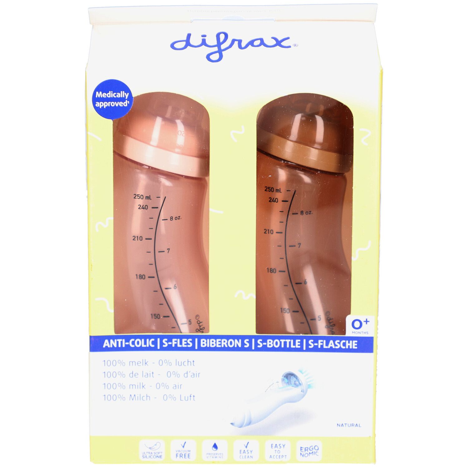 Emballage de deux biberons Difrax S-Fles, anti-colique. Biberons roses et bruns, gradués. Marque Difrax visible.