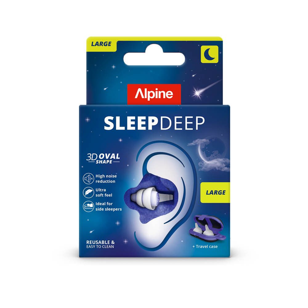 Emballage Alpine SleepDeep Large pour bouchons d'oreilles, forme ovale 3D, motif de sommeil et indication de taille.