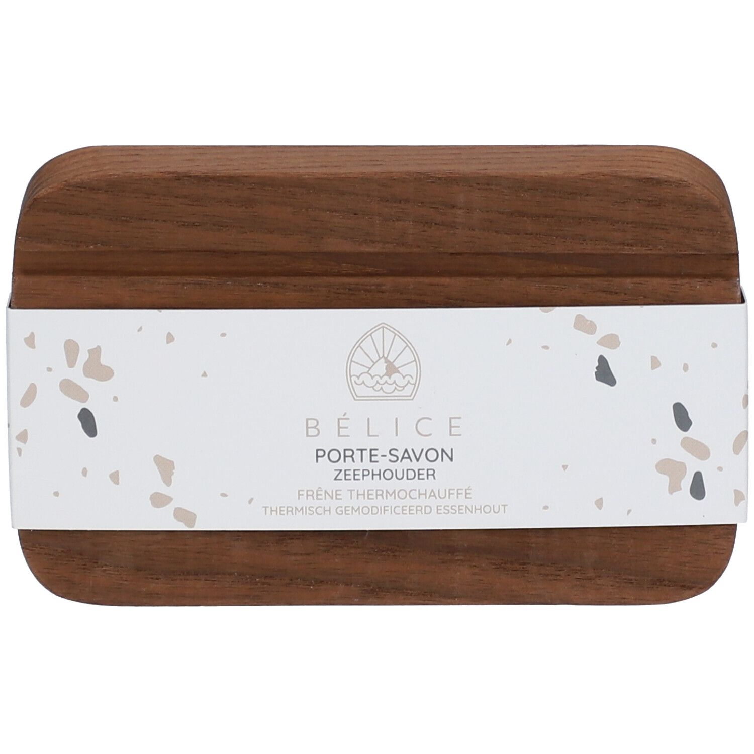 Porte-savon en bois avec bande de papier. Inscription : Bélice, Porte-Savon, Frêne Thermochauffé, thermisch gemodificeerd essenhout.
