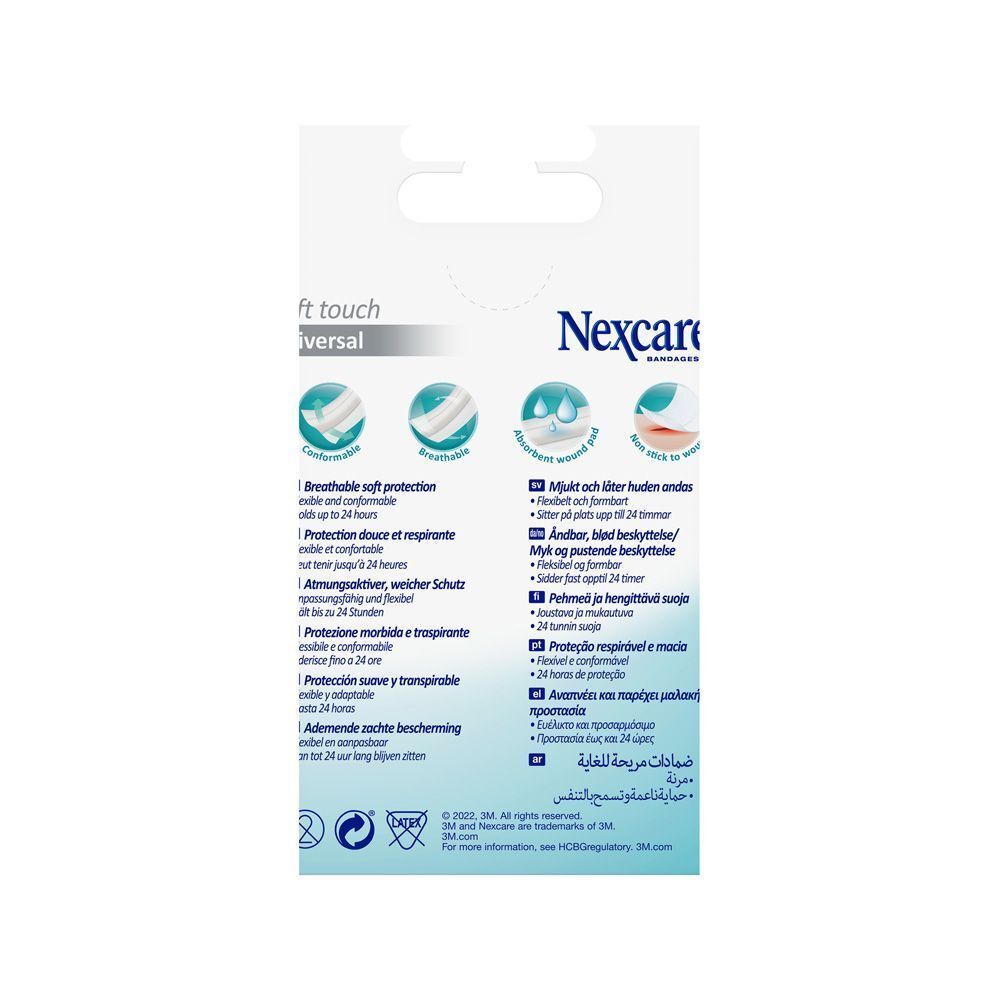 Nexcare Soft Touch Universal-Bandage. 1 m x 8 cm. Emballage avec bandage et ciseaux. Logo 3M.