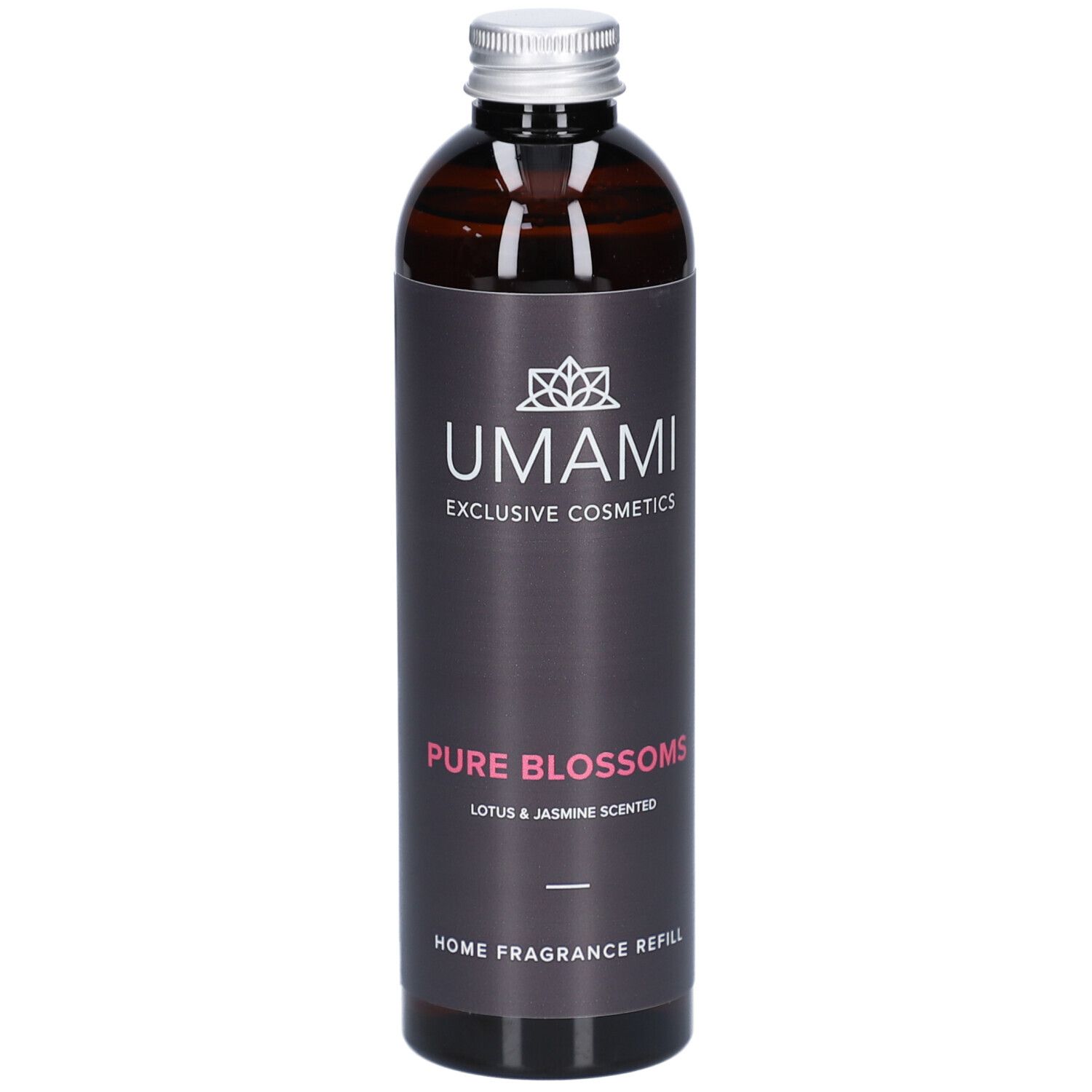 Flacon en verre brun avec bouchon argenté. Étiquette avec logo, texte: Pure Blossoms, Lotus & Jasmin, Home Fragrance Refill.
