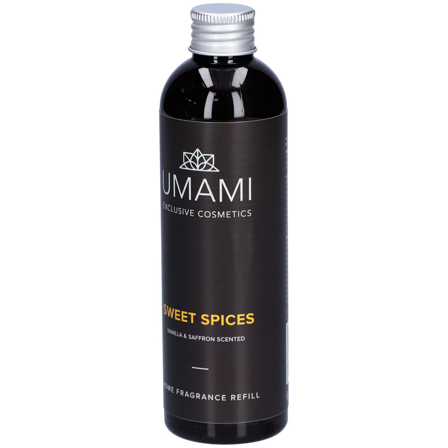 Flacon foncé, bouchon argenté. Inscription: UMAMI, Sweet Spices, Vanille & Safran. Home Fragrance Refill.