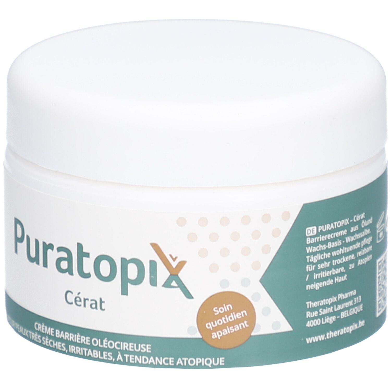 Pot blanc avec impression du produit. Inscription: Puratopix Cérat. Bande verte et blanche avec texte.