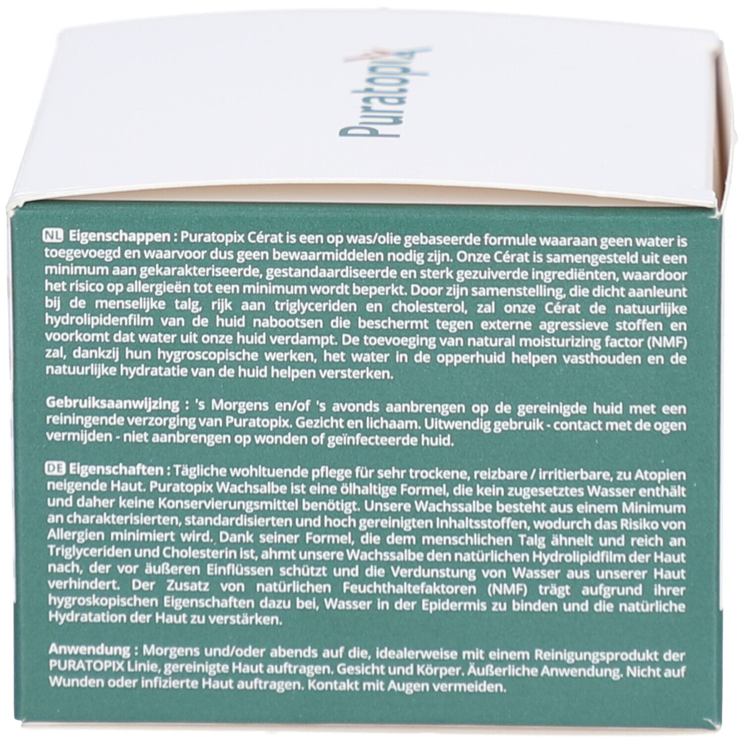 Dos de l'emballage du produit. Texte en allemand. Inscription: Puratopix Cérat.