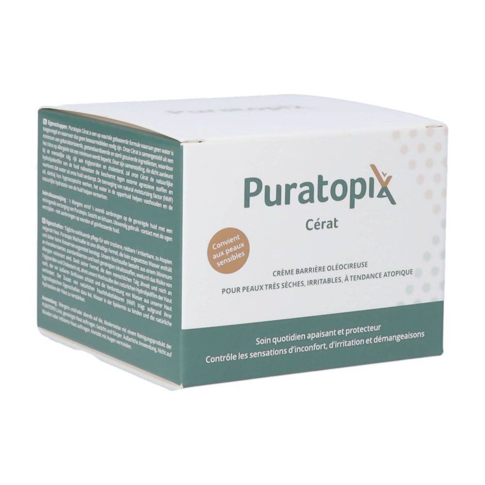 Emballage du produit. Inscription: Puratopix Cérat. Emballage vert et blanc avec texte et logo.