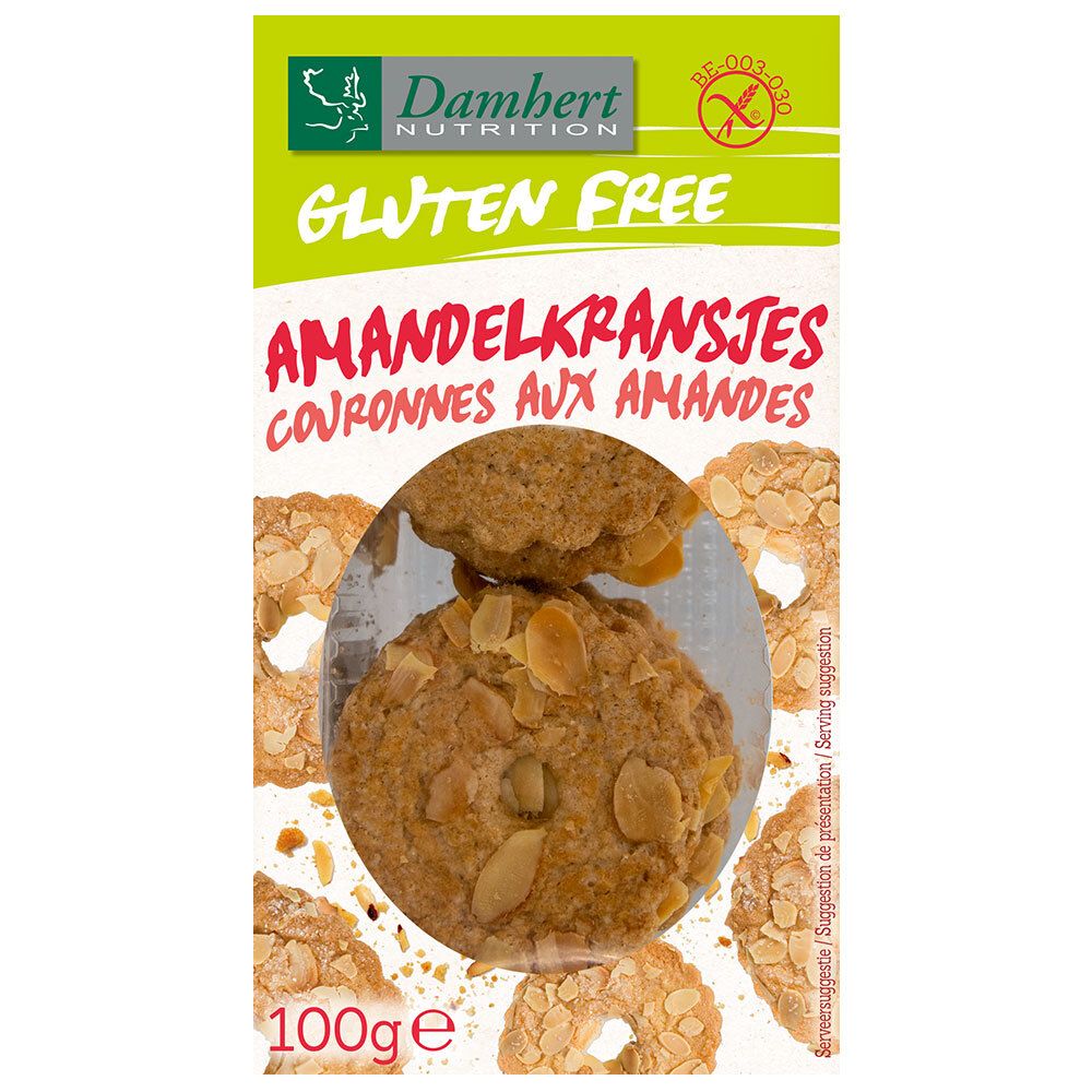 Boîte de Couronnes aux Amandes sans gluten. Biscuits aux amandes visibles. Marque Damhert Nutrition.