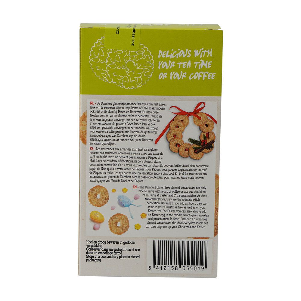 Dos de l'emballage avec texte en néerlandais et français. Couronnes aux amandes sans gluten. Décor de biscuits.