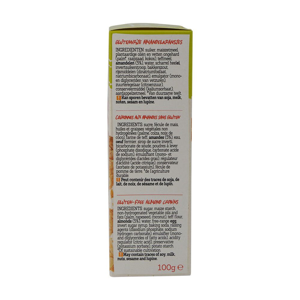 Dos de l'emballage avec listes d'ingrédients en néerlandais et français. Couronnes aux amandes sans gluten.