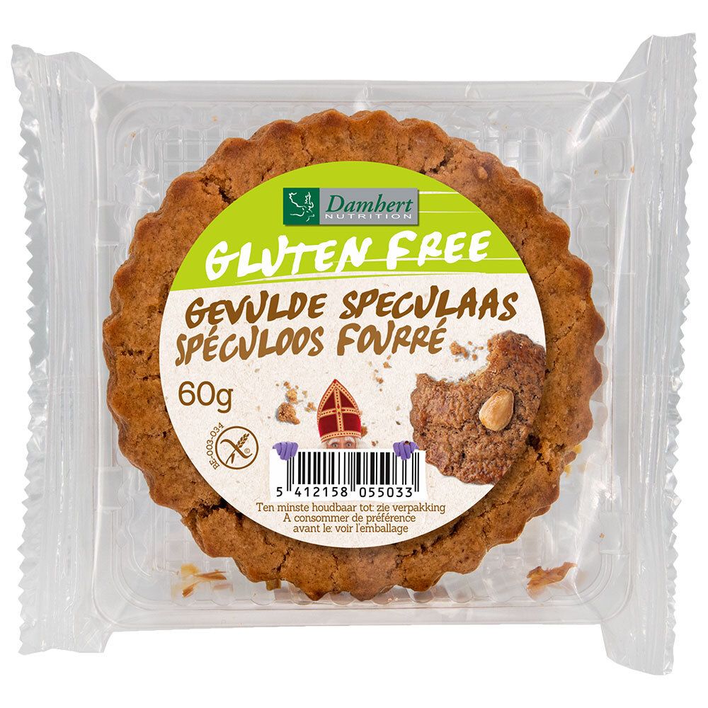 Biscuit rond sans gluten dans un emballage transparent. Étiquette avec texte : Gluten Free, Gevulde Speculaas, 60g. Marque : Dambert.