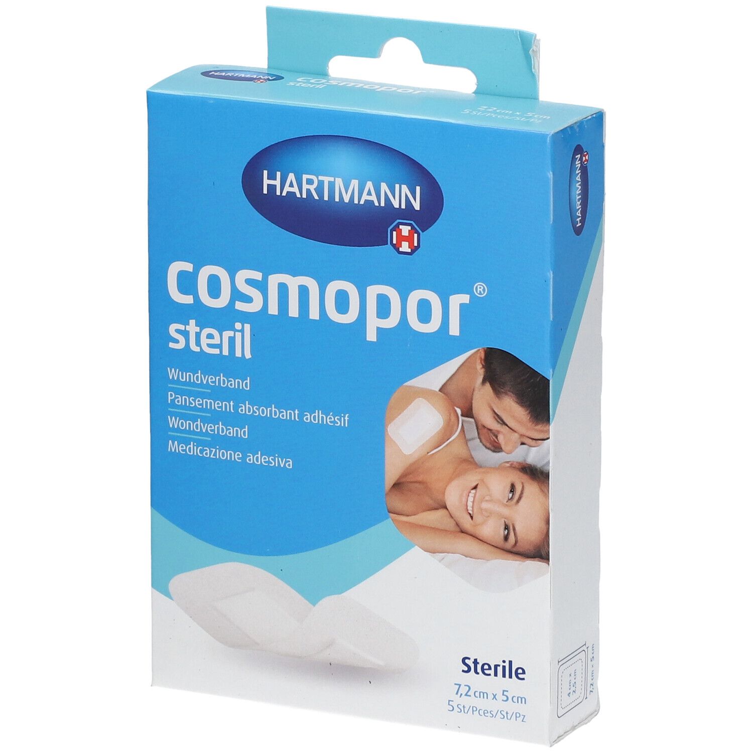 Emballage bleu et blanc Hartmann Cosmopor steril. Couple et pansement. Dimensions : 7,2 cm x 5 cm.