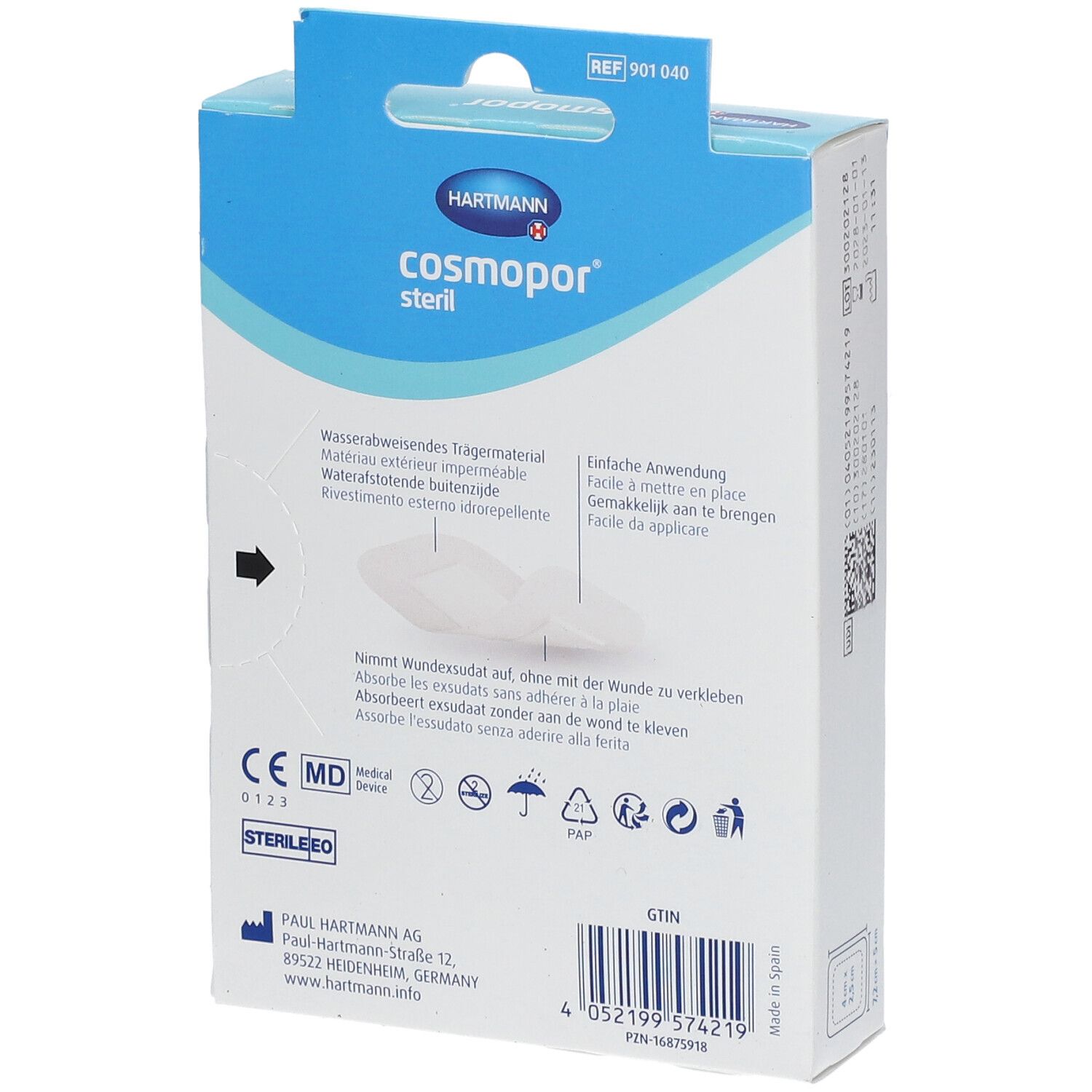 Dos de l'emballage Hartmann Cosmopor steril. Texte multilingue. Marquage CE.