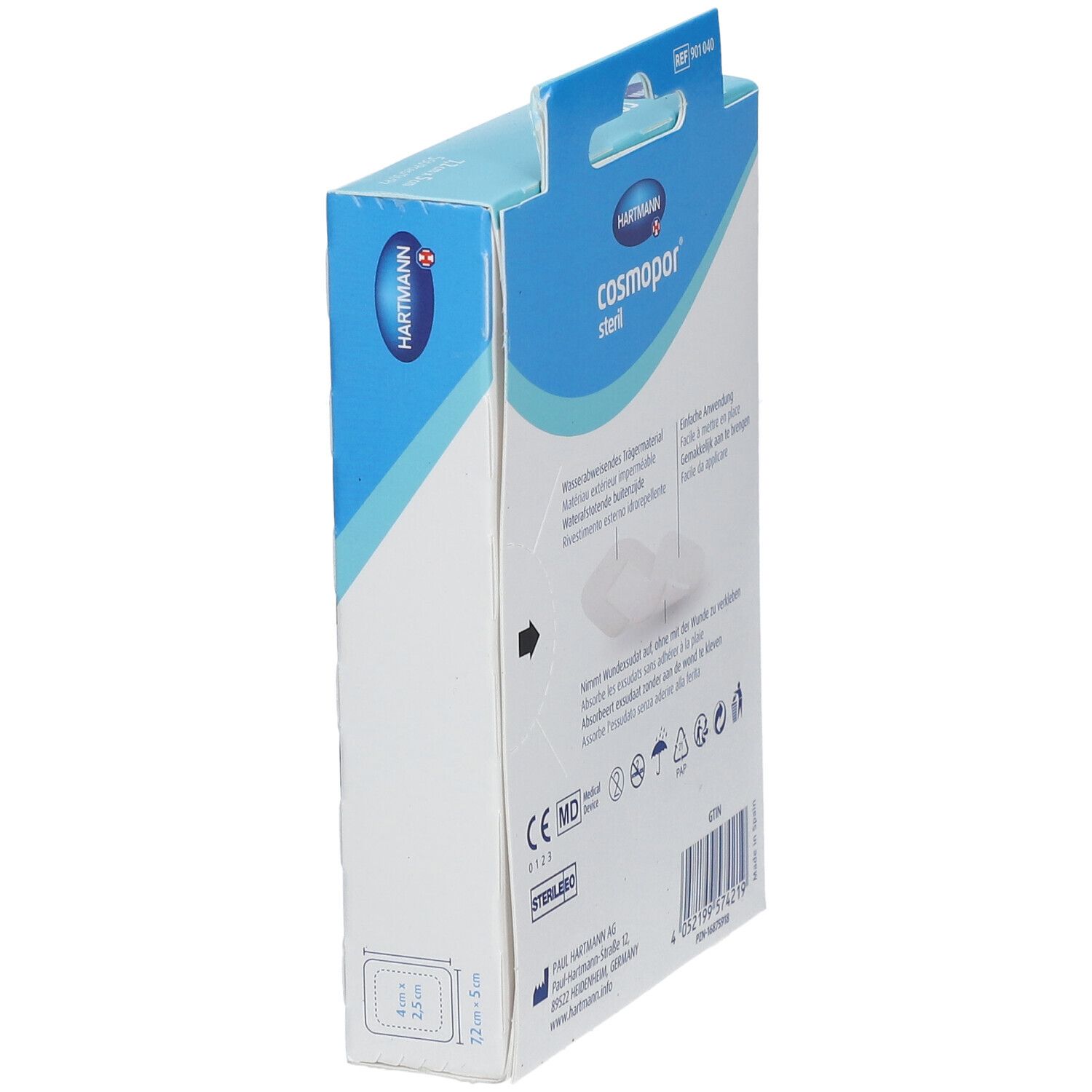 Vue latérale de l'emballage Hartmann Cosmopor steril. Bleu et blanc. Dimensions : 7,2 cm x 5 cm.