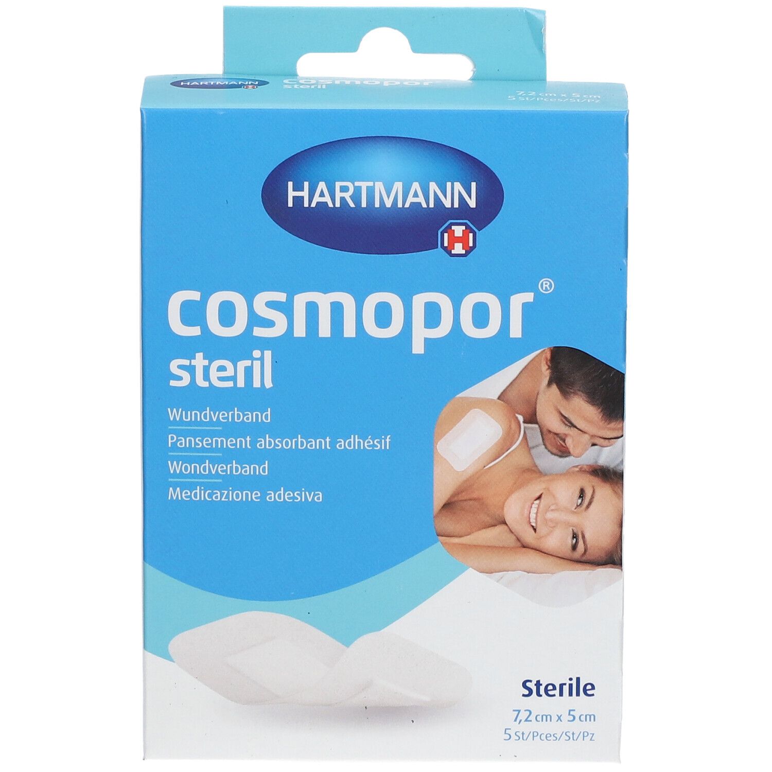 Emballage bleu et blanc Hartmann Cosmopor steril. Couple et pansement. Dimensions : 7,2 cm x 5 cm.