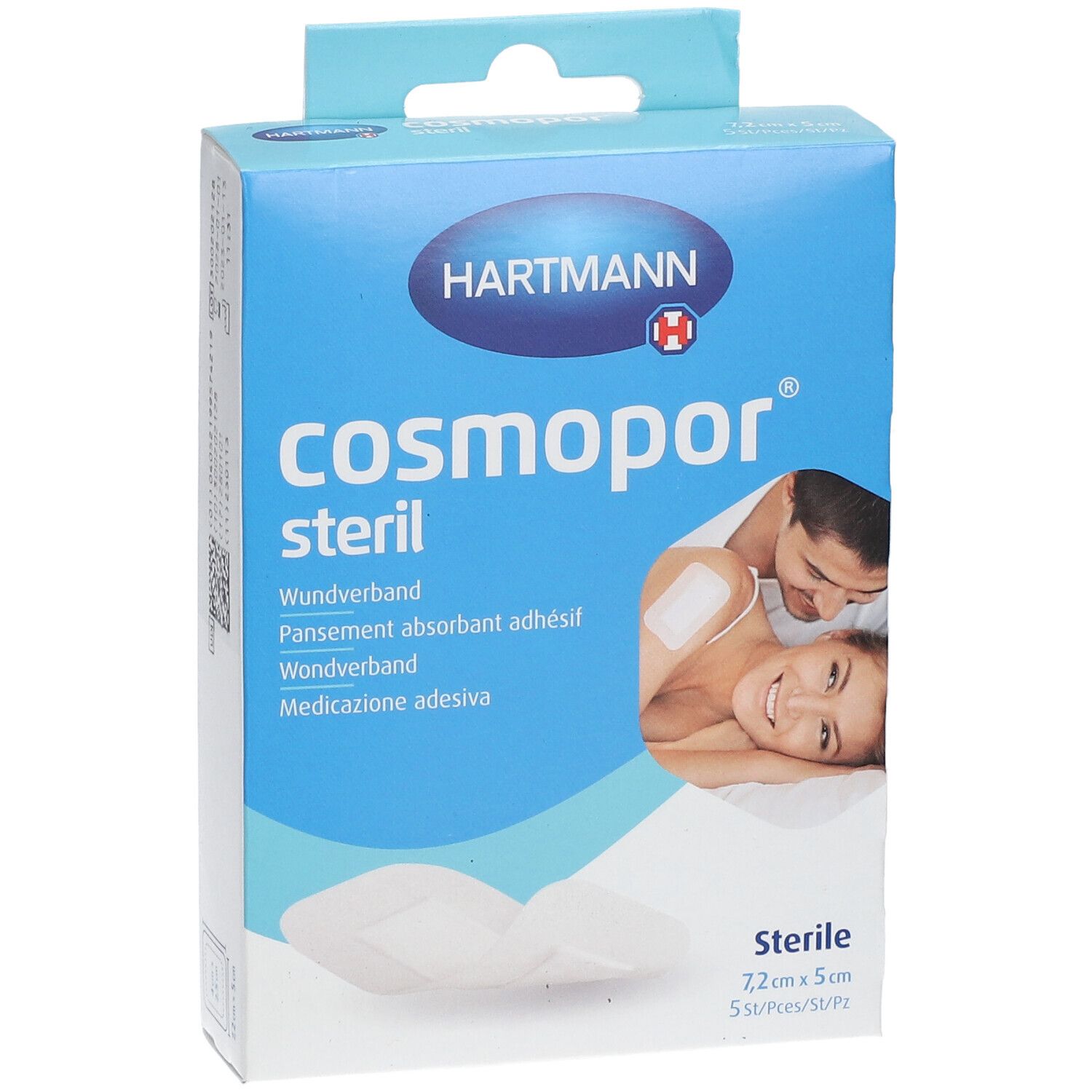 Emballage bleu et blanc Hartmann Cosmopor steril. Couple et pansement. Dimensions : 7,2 cm x 5 cm.