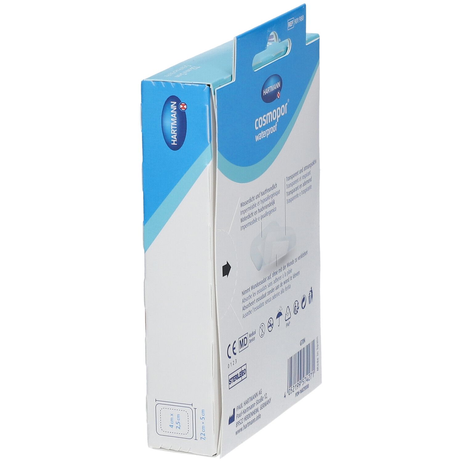 Boîte Hartmann Cosmopor waterproof, vue latérale. Boîte bleue avec informations produit. Pansements stériles.