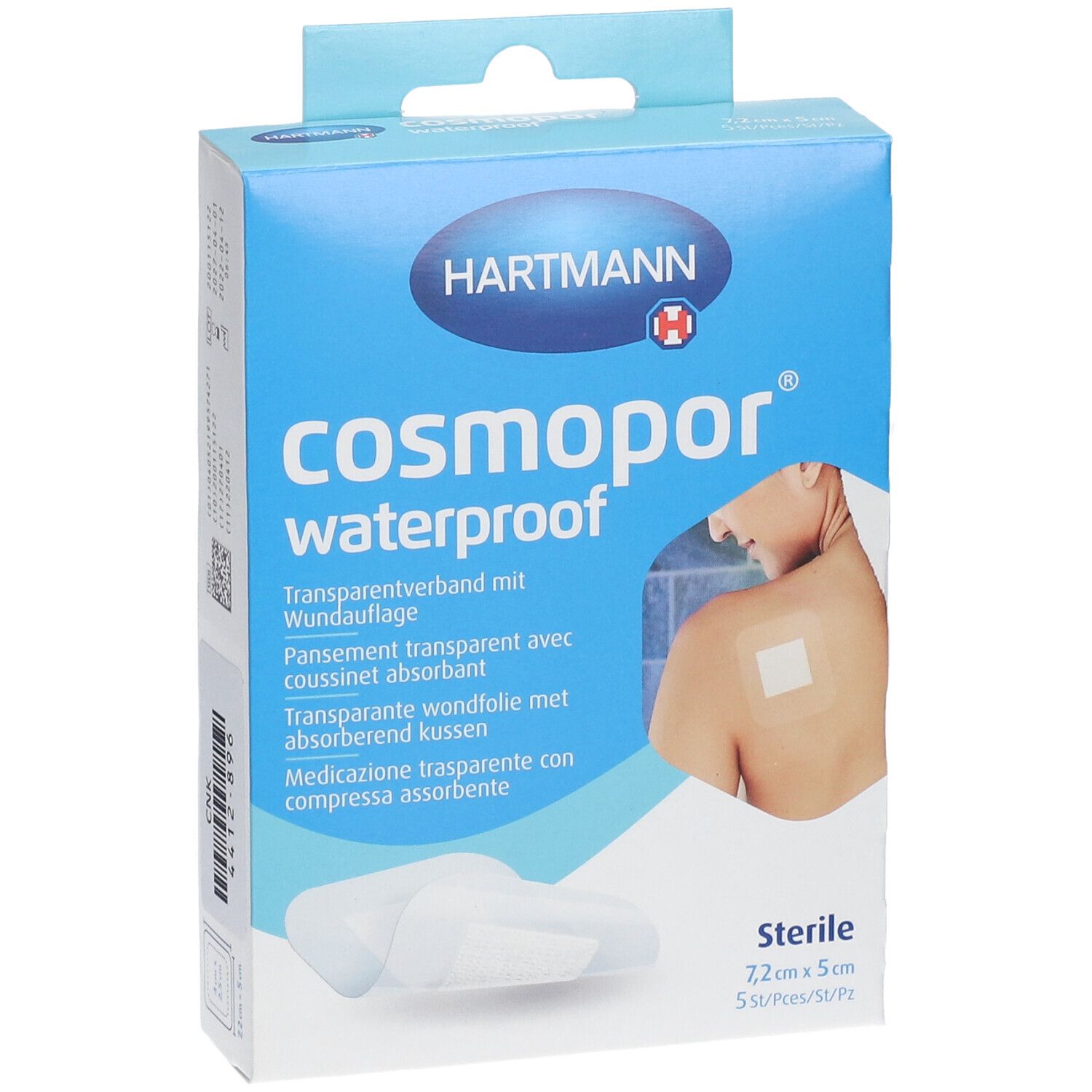 Boîte Hartmann Cosmopor waterproof. Carton bleu avec image et texte du produit. Pansements stériles, 7,2cm x 5cm.