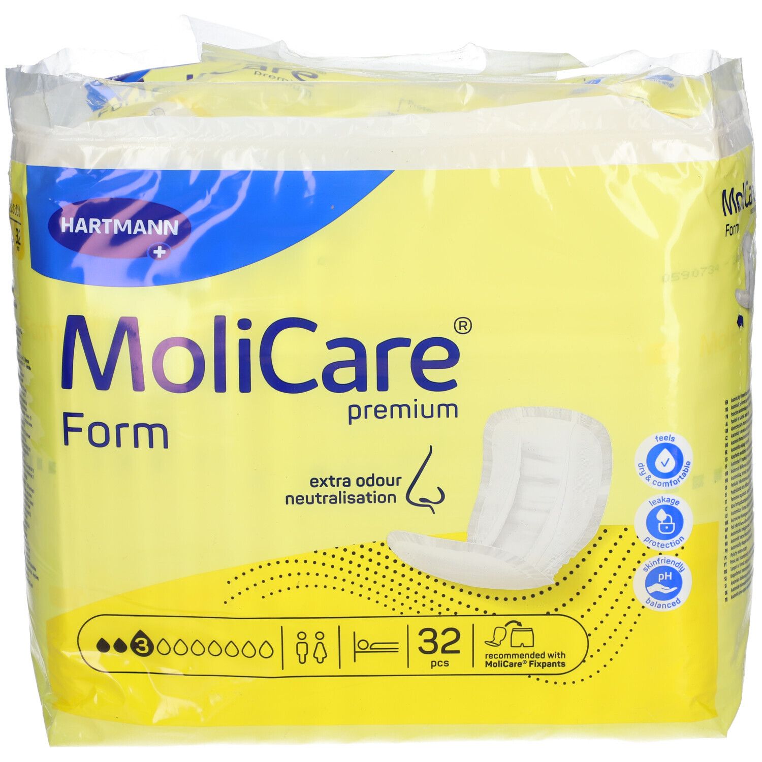 Paquet de 32 MoliCare Form. Emballage jaune avec illustration du produit et logo. Neutralisation des odeurs.