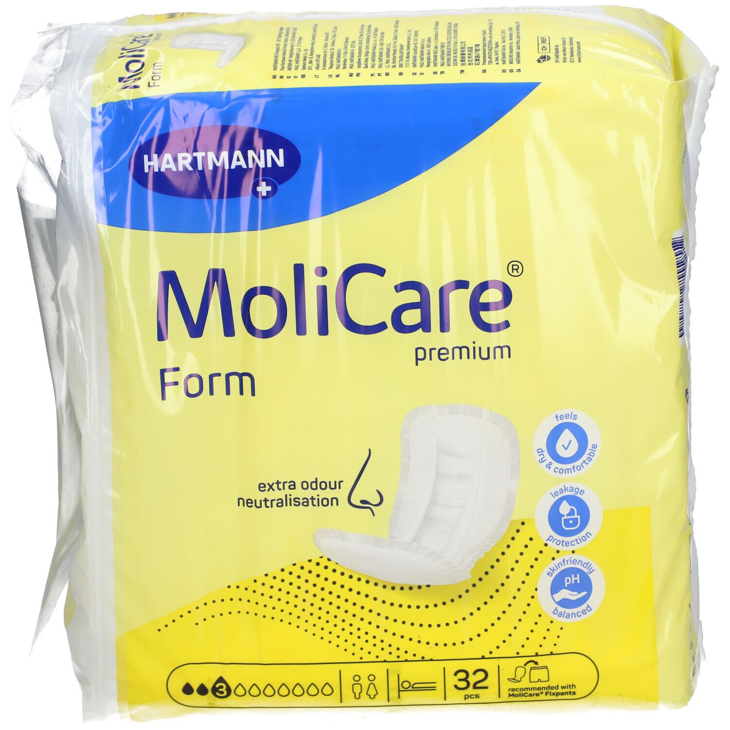 Paquet de 32 MoliCare Form. Emballage jaune avec illustration du produit et logo. Neutralisation des odeurs.