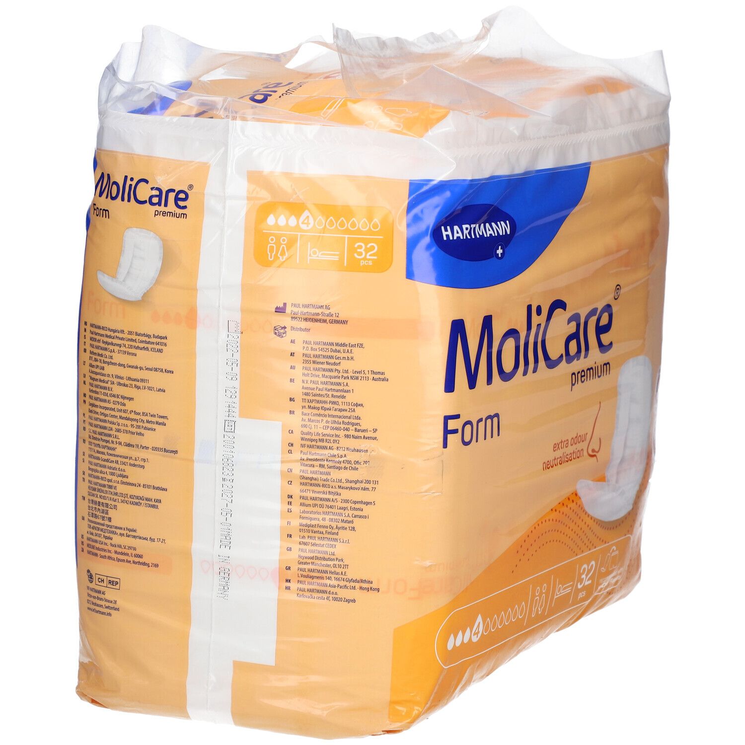 Paquet de Hartmann MoliCare Premium Form, 32 unités. Emballage orange avec image du produit et logo. Neutralisation des odeurs.