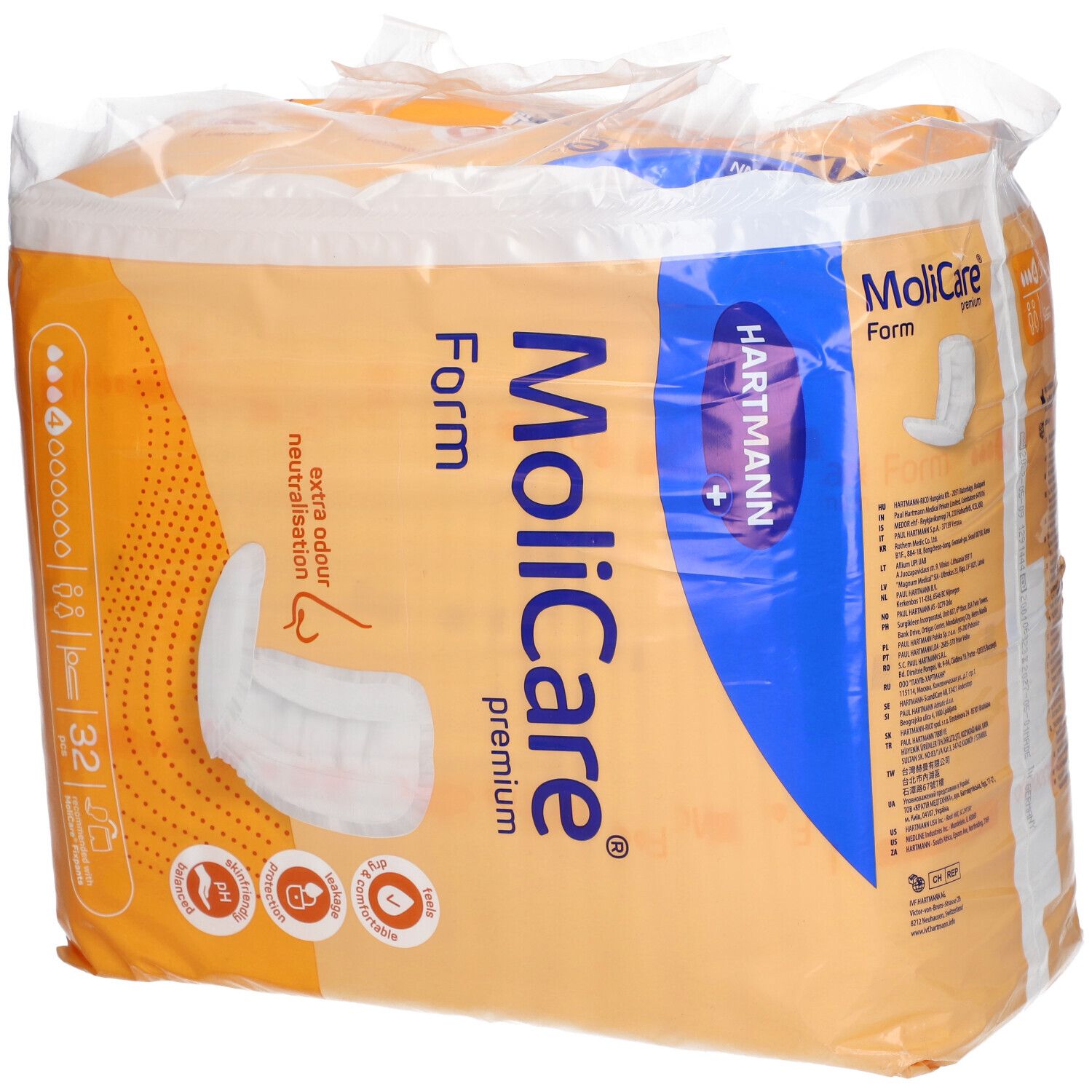 Paquet de Hartmann MoliCare Premium Form, 32 unités. Emballage orange avec image du produit et logo. Neutralisation des odeurs.