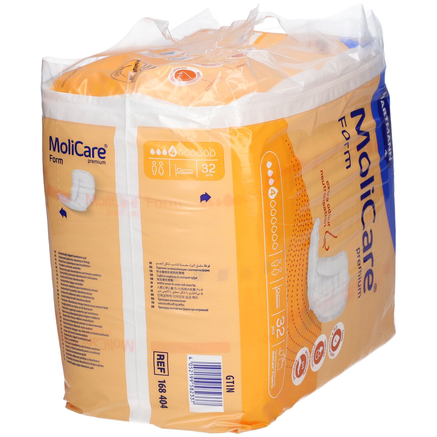 Paquet de Hartmann MoliCare Premium Form, 32 unités. Emballage orange avec image du produit et logo. Neutralisation des odeurs.