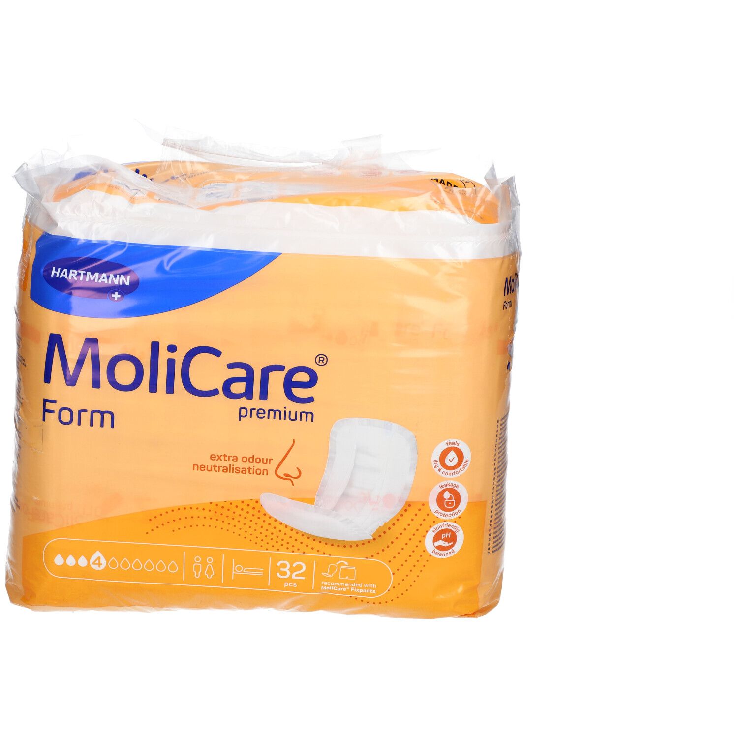 Paquet de Hartmann MoliCare Premium Form, 32 unités. Emballage orange avec image du produit et logo. Neutralisation des odeurs.