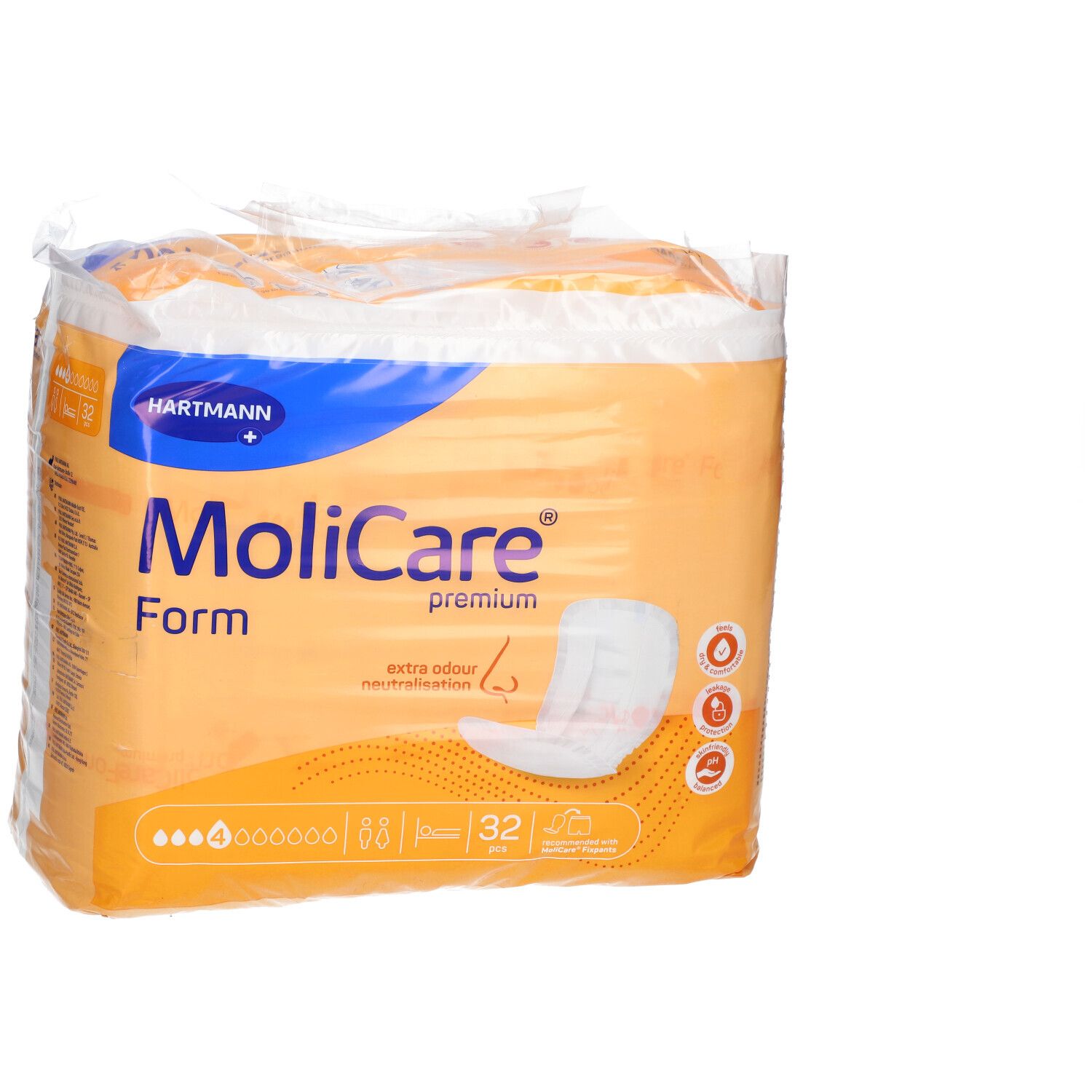 Paquet de Hartmann MoliCare Premium Form, 32 unités. Emballage orange avec image du produit et logo. Neutralisation des odeurs.