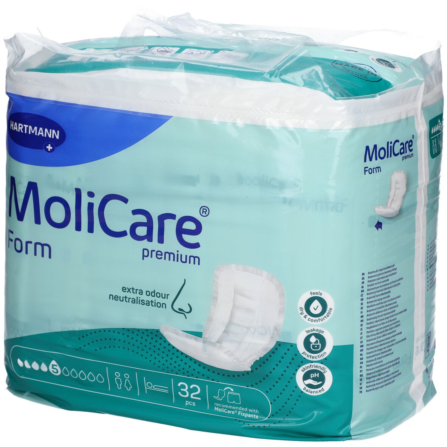 Hartmann MoliCare Premium Form 5 gouttes. Paquet de 32. Neutralisation des odeurs. Image du produit visible.