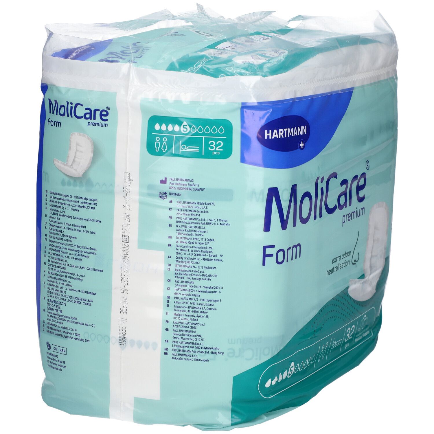 Hartmann MoliCare Premium Form 5 gouttes. Paquet de 32. Vue oblique du produit. Neutralisation des odeurs.