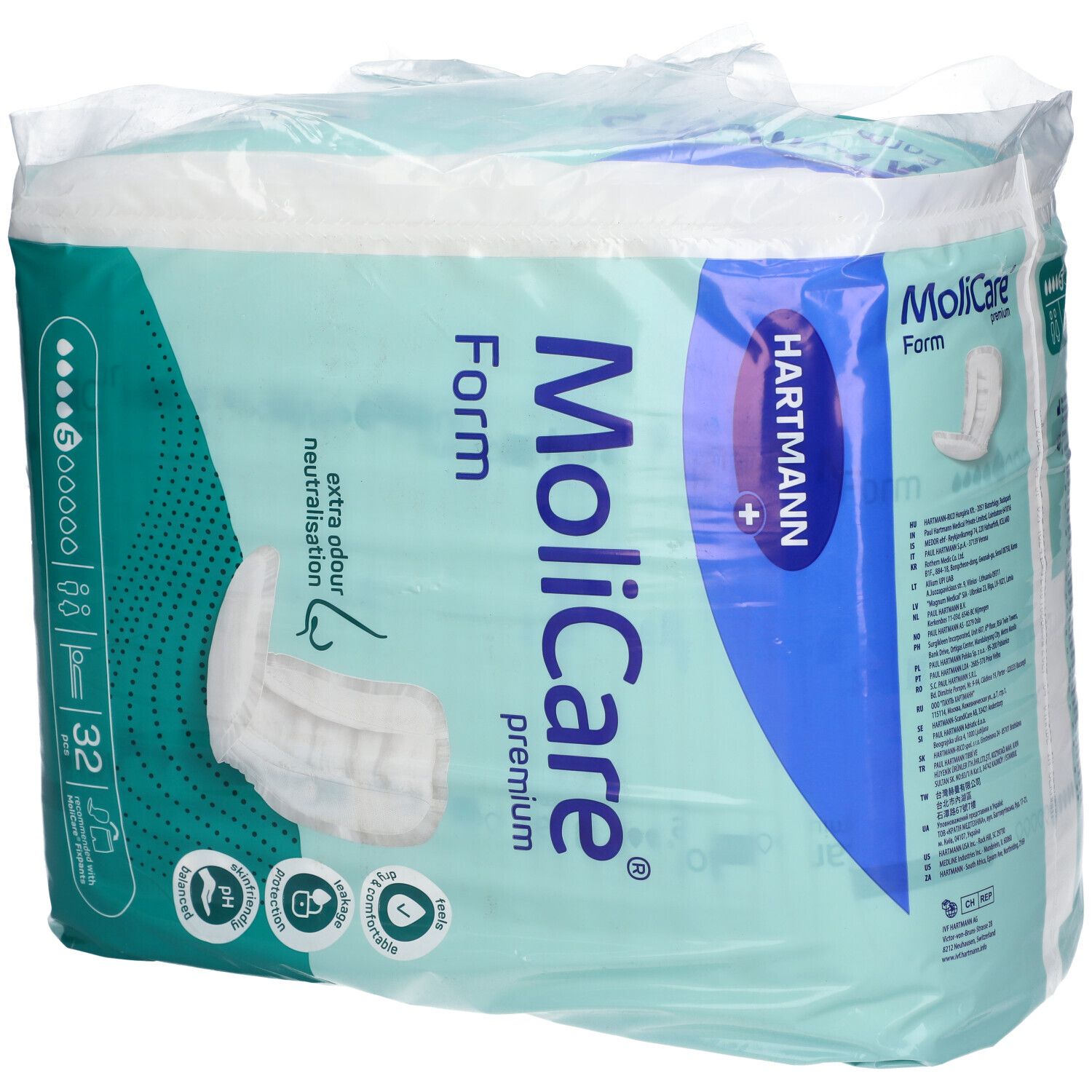 Hartmann MoliCare Premium Form 5 gouttes. Paquet de 32. Neutralisation des odeurs. Image du produit.