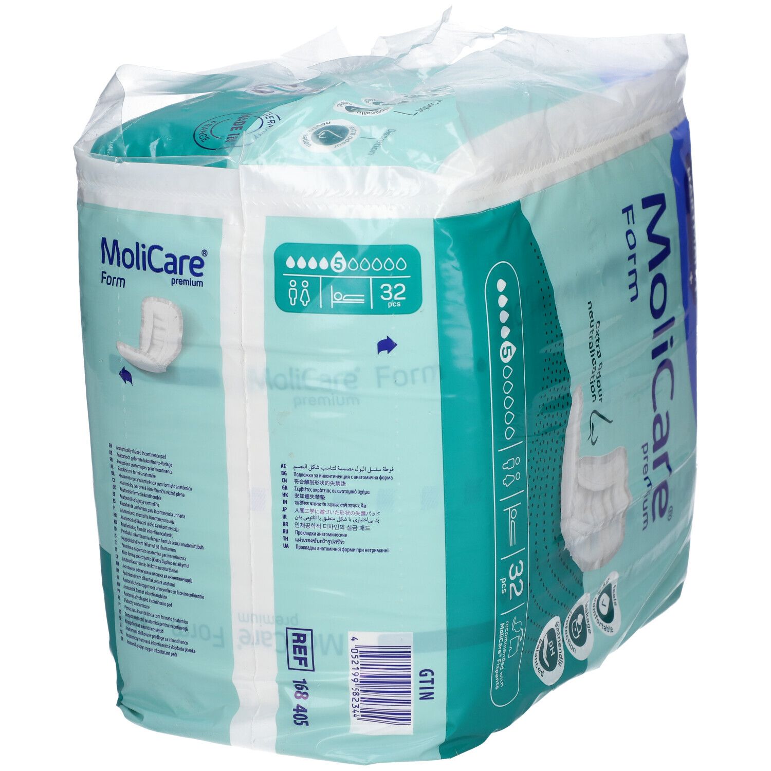 Hartmann MoliCare Premium Form 5 gouttes. Paquet de 32. Vue arrière de l'emballage. Informations sur le produit.