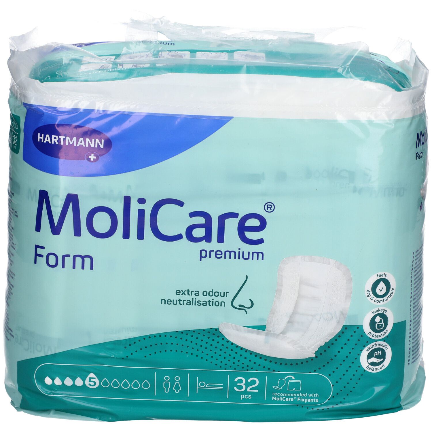 Hartmann MoliCare Premium Form 5 gouttes. Paquet de 32. Neutralisation des odeurs. Image du produit.