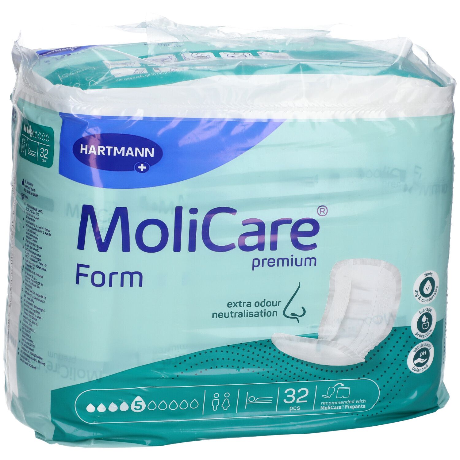 Hartmann MoliCare Premium Form 5 gouttes. Paquet de 32. Neutralisation des odeurs. Image du produit.