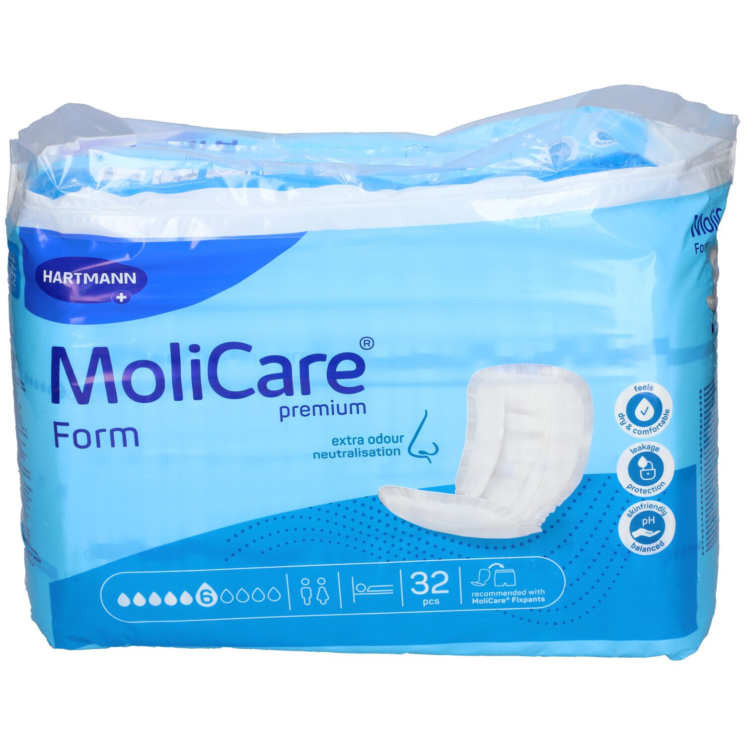 Paquet de MoliCare Premium Form. Emballage bleu avec image du produit et logos. 32 pièces. Neutralisation des odeurs.