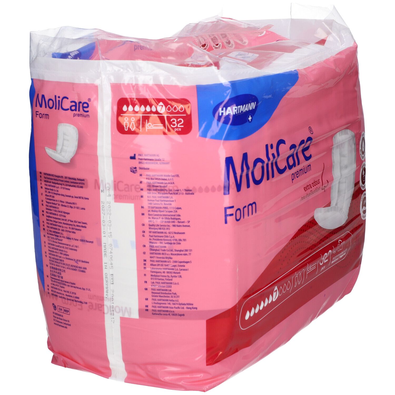 Paquet de MoliCare Premium Form. Emballage rose avec image du produit et logos. 32 pièces.