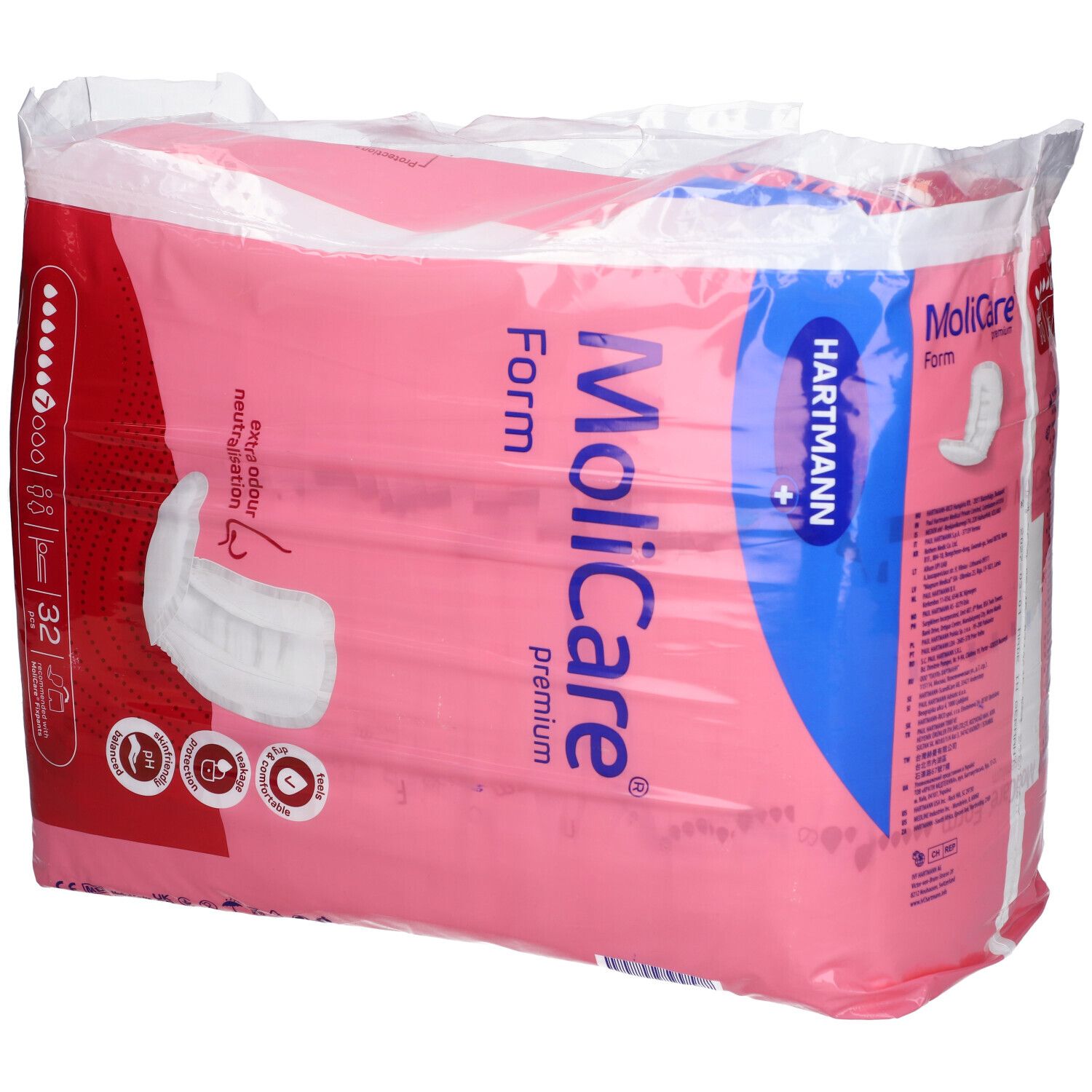 Paquet de MoliCare Premium Form. Emballage rose avec image du produit et logos. 32 pièces.