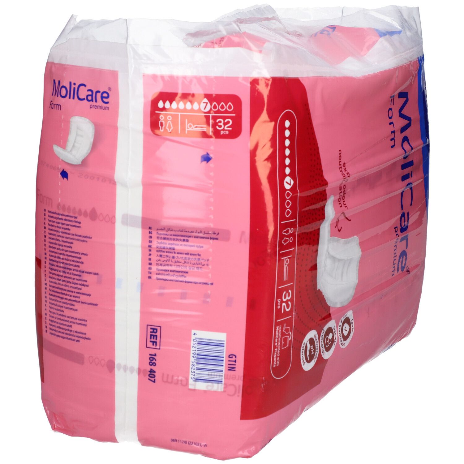 Paquet de MoliCare Premium Form. Emballage rose avec image du produit et logos. 32 pièces.