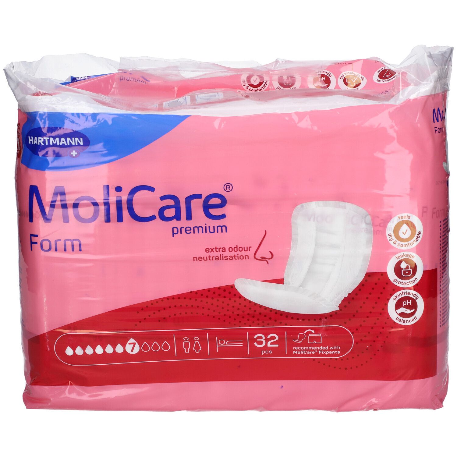 Paquet de MoliCare Premium Form. Emballage rose avec image du produit et logos. 32 pièces.