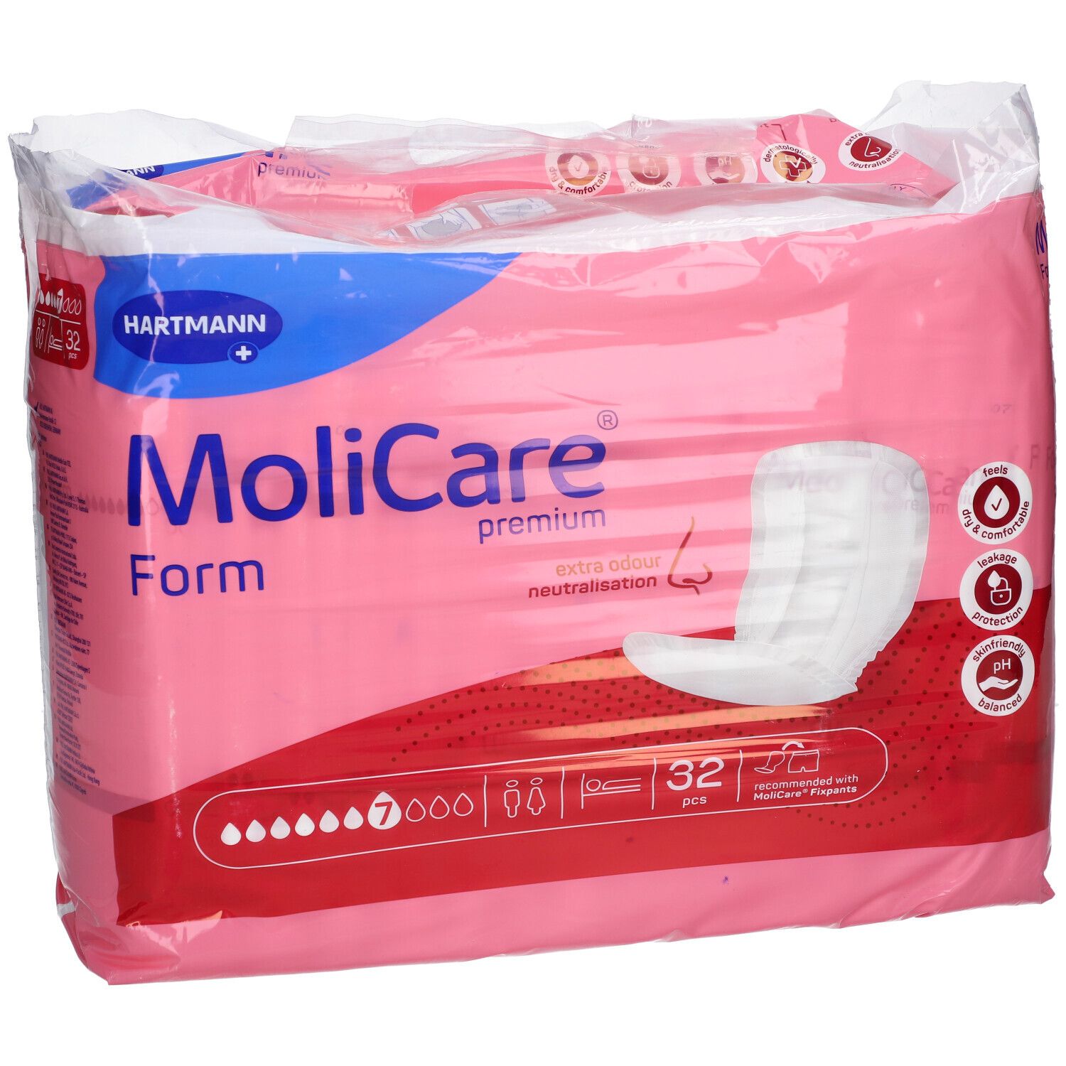 Paquet de MoliCare Premium Form. Emballage rose avec image du produit et logos. 32 pièces.