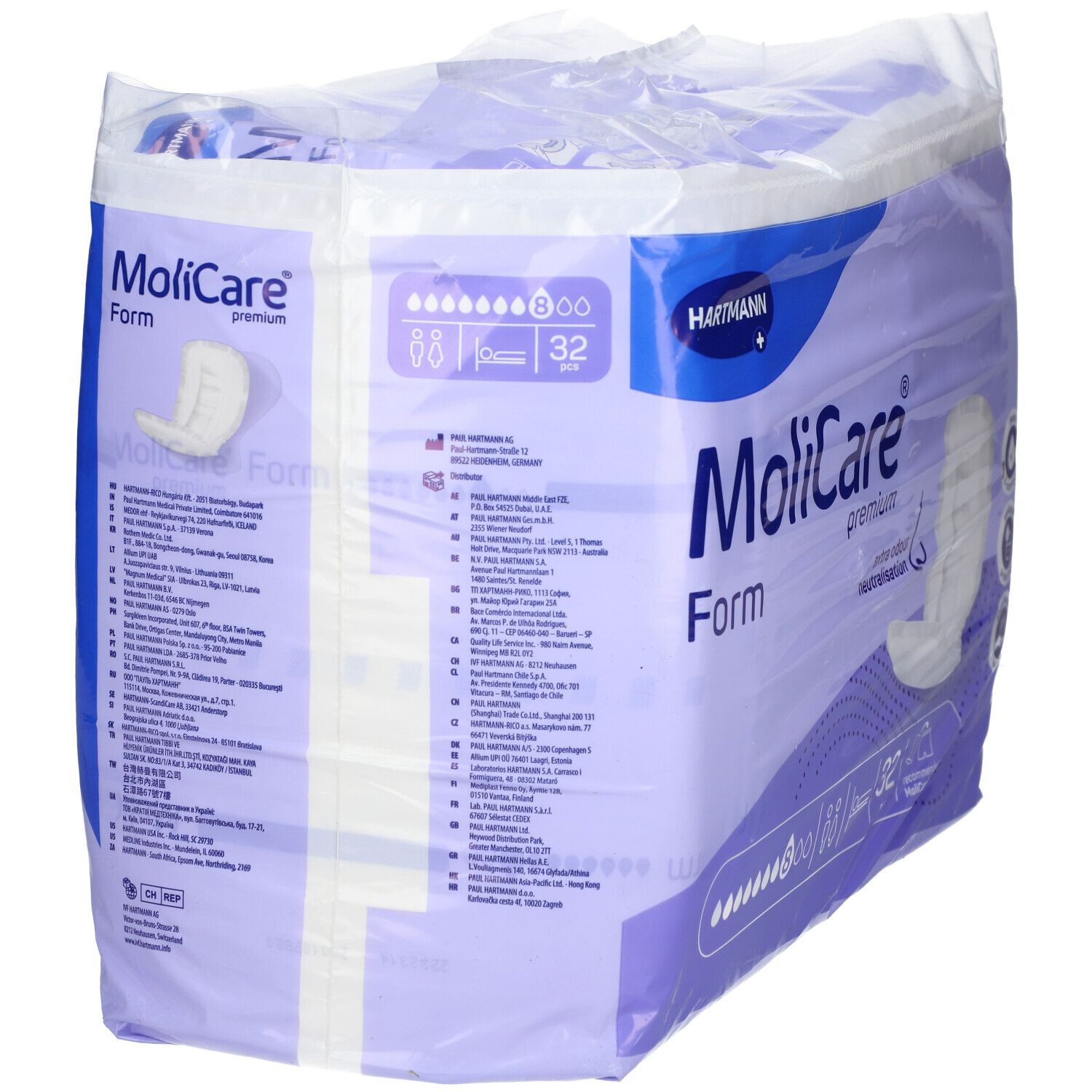 Paquet de MoliCare Form, 32 pièces. Marque HARTMANN. Emballage violet avec image du produit et caractéristiques. Neutralisation des odeurs.