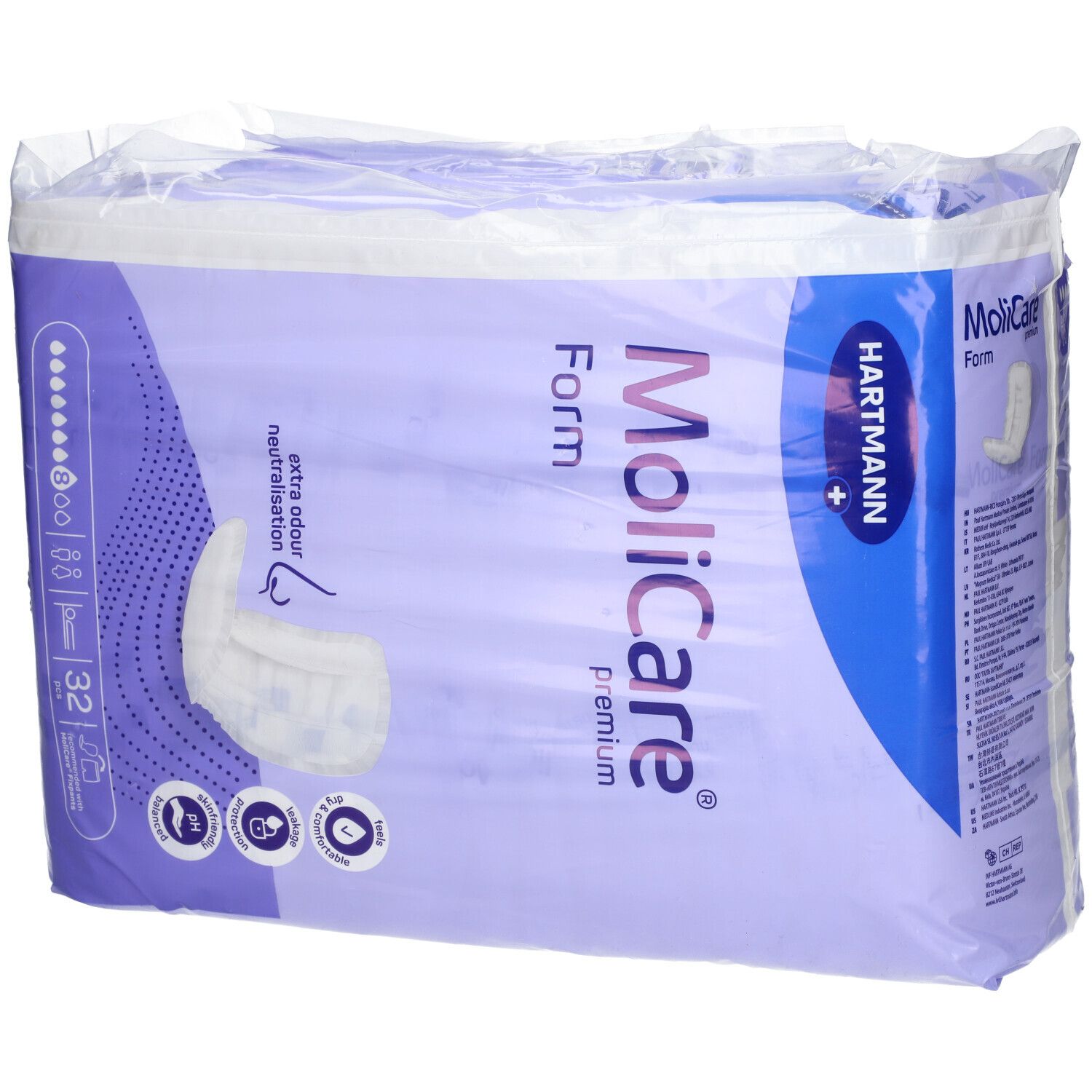 Paquet de MoliCare Form, 32 pièces. Marque HARTMANN. Emballage violet avec image du produit et caractéristiques. Neutralisation des odeurs.