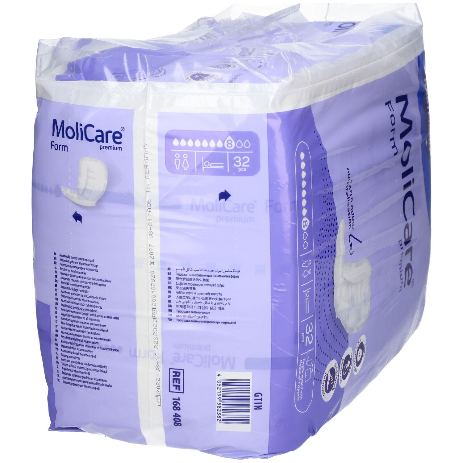 Paquet de MoliCare Form, 32 pièces. Marque HARTMANN. Emballage violet avec image du produit et caractéristiques. Neutralisation des odeurs.