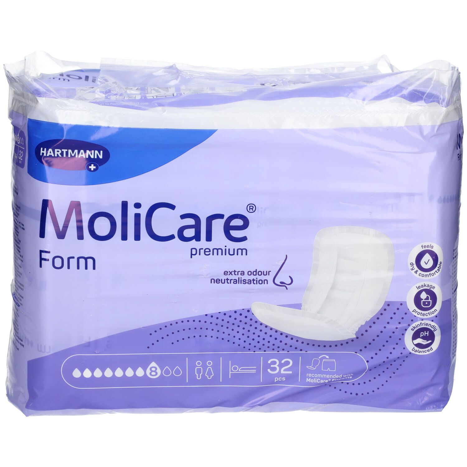 Paquet de MoliCare Form, 32 pièces. Marque HARTMANN. Emballage violet avec image du produit et caractéristiques. Neutralisation des odeurs.