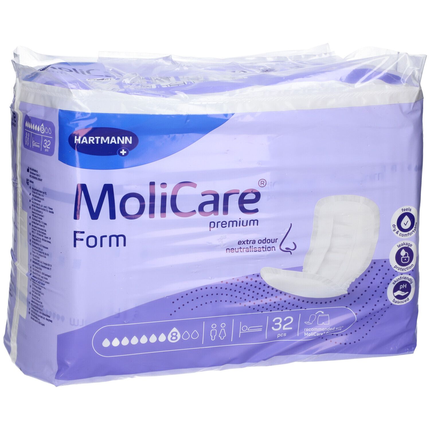 Paquet de MoliCare Form, 32 pièces. Marque HARTMANN. Emballage violet avec image du produit et caractéristiques. Neutralisation des odeurs.
