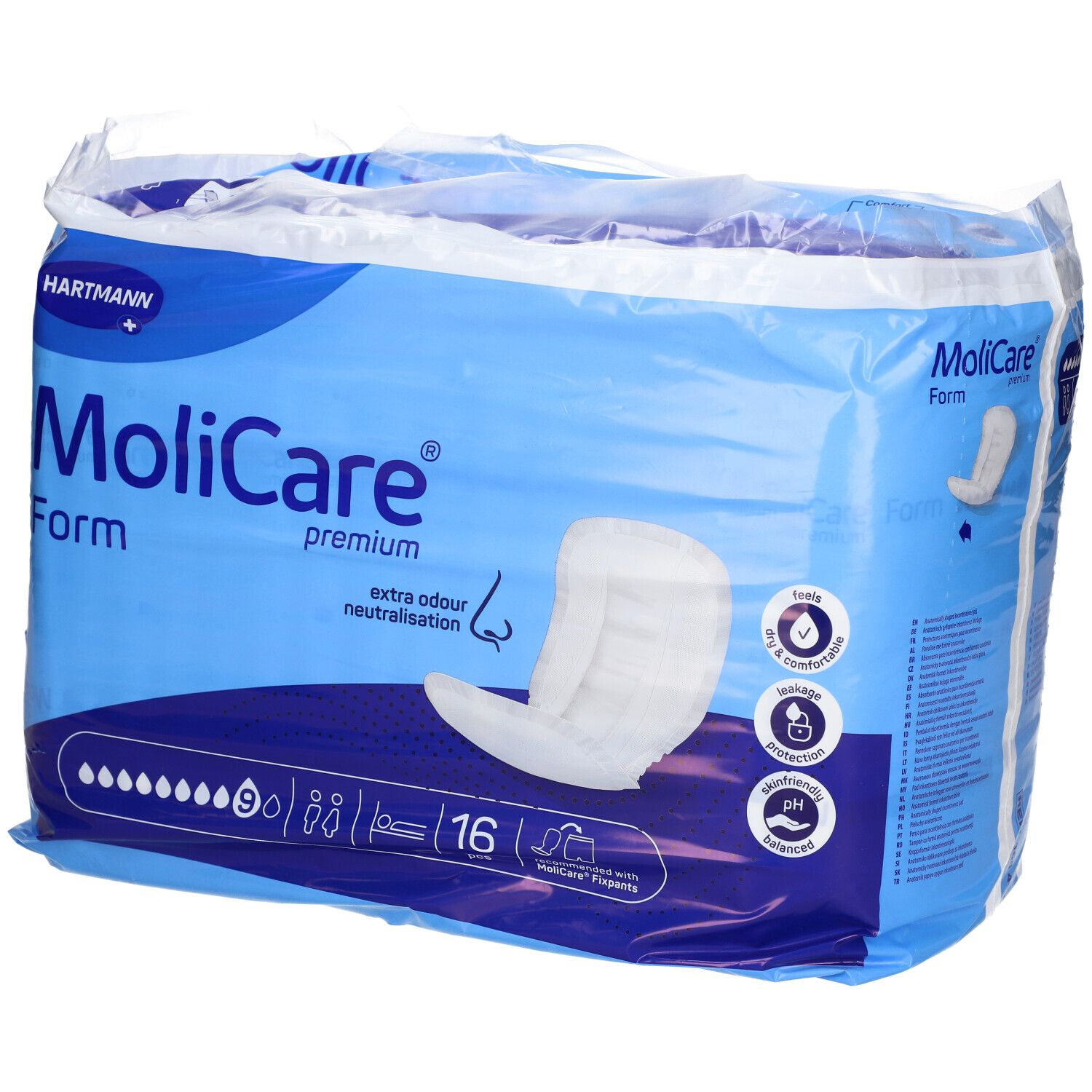 Paquet de MoliCare Form. Emballage bleu avec image du produit et logo. Contient 16 unités. Neutralisation des odeurs.
